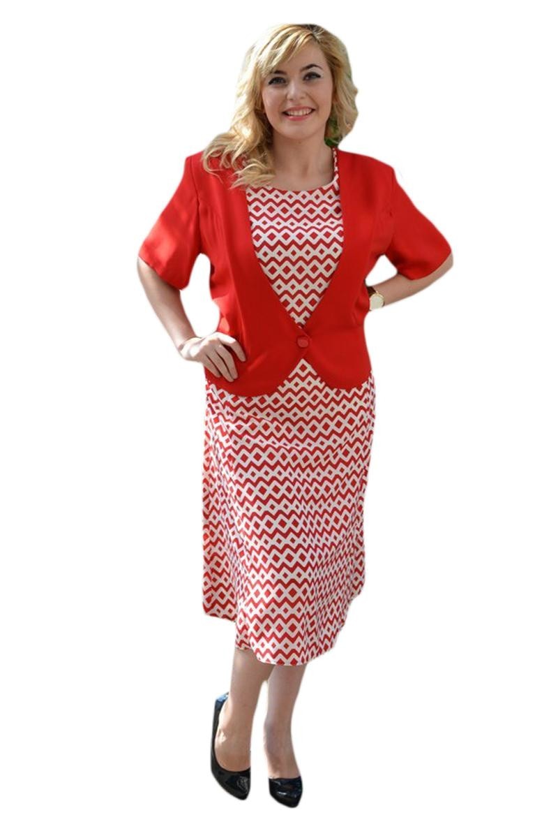 Rochie cu imprimeu geometric, tip costum cu sacou, D&J Exclusive, Rosu