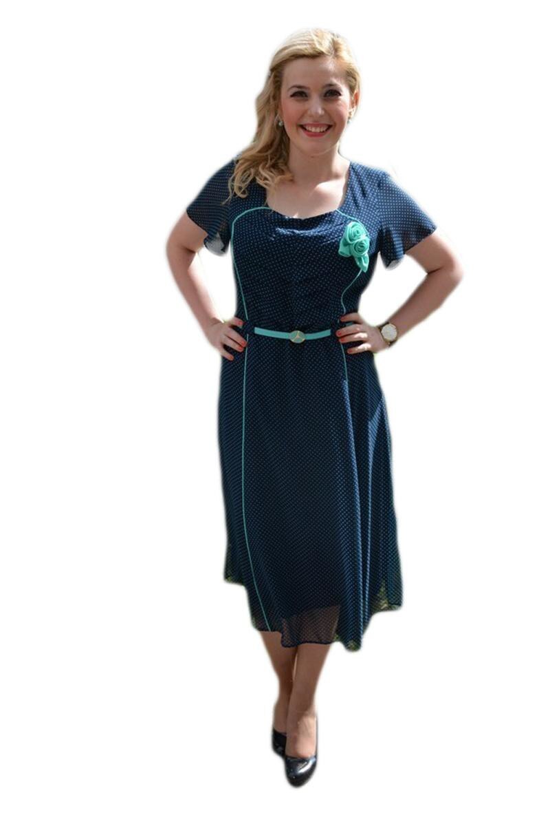 Rochie cu buline si design de fronseuri, D&J Exclusive, Bleumarin/Turcoaz