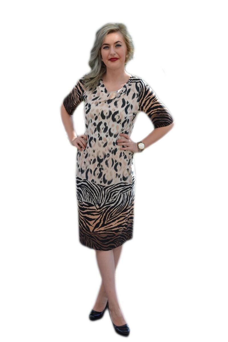 Rochie clasica, dreapta, cu animal-print, D&J Exclusive, Multicolor