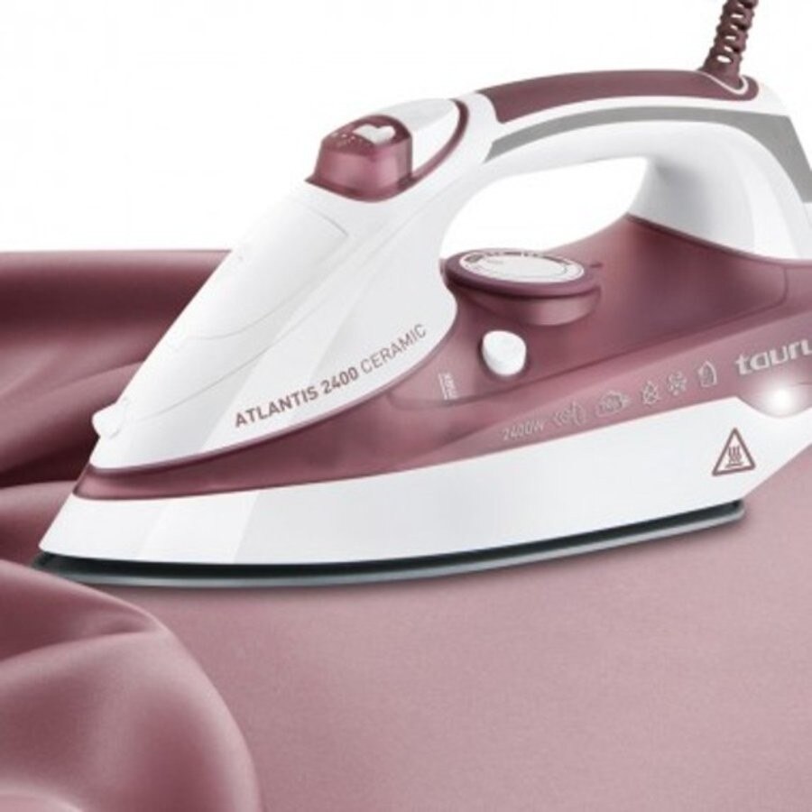 Fier de calcat Taurus Atlantis 2400 Ceramic, 2400W, talpa Ceramica, 90g/min, 300ml, termostat, calcare verticala, sistem antipicurare, anticalcar, autocuratare, Alb/Rosu