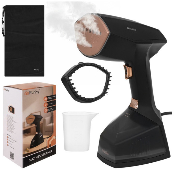 Aparat de Calcat Vertical cu Abur Ruhhy Velira, 2000 W, 3 Trepte de Abur, Rezervor 360 ml, Incalzire Rapida in 30 Secunde, Debit Abur 35-40 g/min, Oprire Automata, Negru