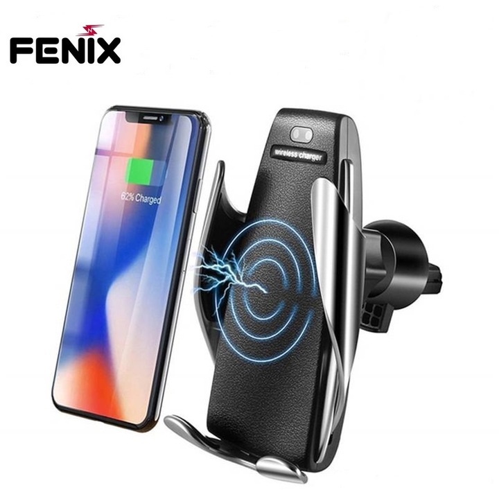 Automatic Wireless Стойка за кола, Безжично зарядно устройство FENiX® Smart sensor S5, Fast Wireless зарядно, (Qi standard) + Химикал (GSM Borsa), Черен