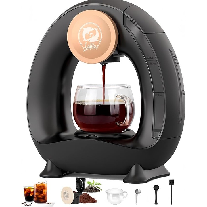 Aparat electric de cafea Cafilas, mini cafetiera pentru cafea macinata, aparat 2 in 1 pentru prepararea cafelei Americano, cu o singura ceasca, si a ceaiului, capacitate de 120–240 ml (negru)