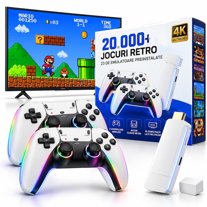 Consola de Jocuri Prodys Retro Game Stick Pro pentru TV, 20.000+ Jocuri Clasice, 23 Emulatoare, 2 Controllere Wireless 2.4 GHz, Conectare HDMI, Plug & Play, Alb