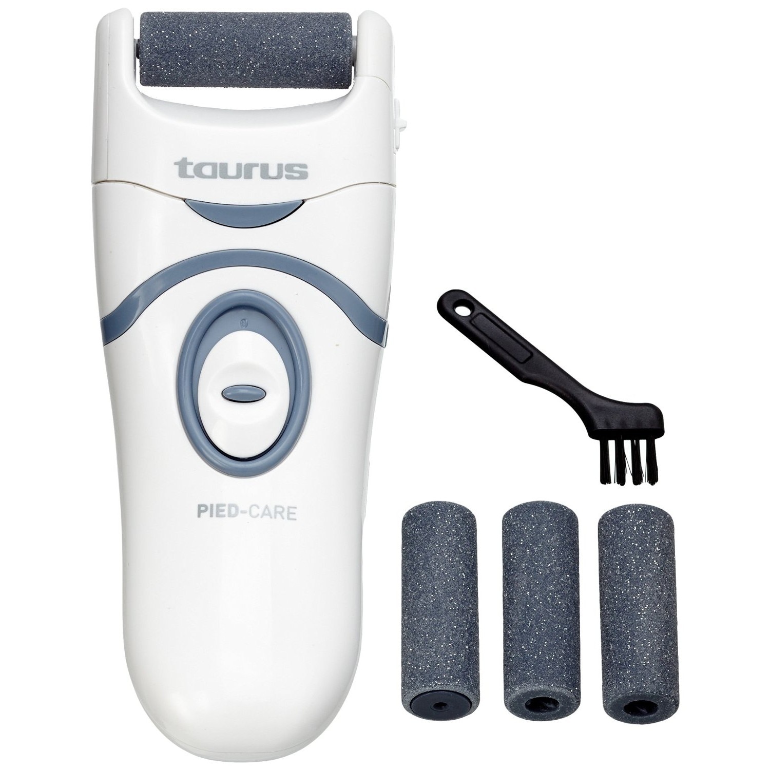 Aparat indepartare calus Taurus Pied Care, 4.5V, 2 viteze, role cu o rotatie 360 grade, include 4 role cu microminerale, perie curatare, capac protectie, baterii AAA, Alb/Gri