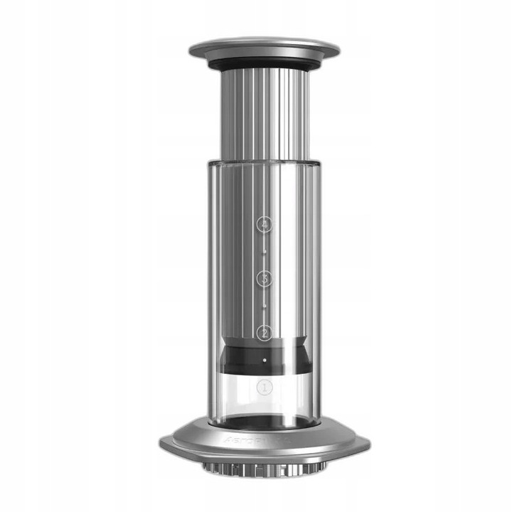 Aparat de preparare a cafelei AeroPress Premium, corp din sticla cu dubla izolatie, sita din otel inoxidabil, piston din aluminiu anodizat, argintiu/transparent, 250 ml