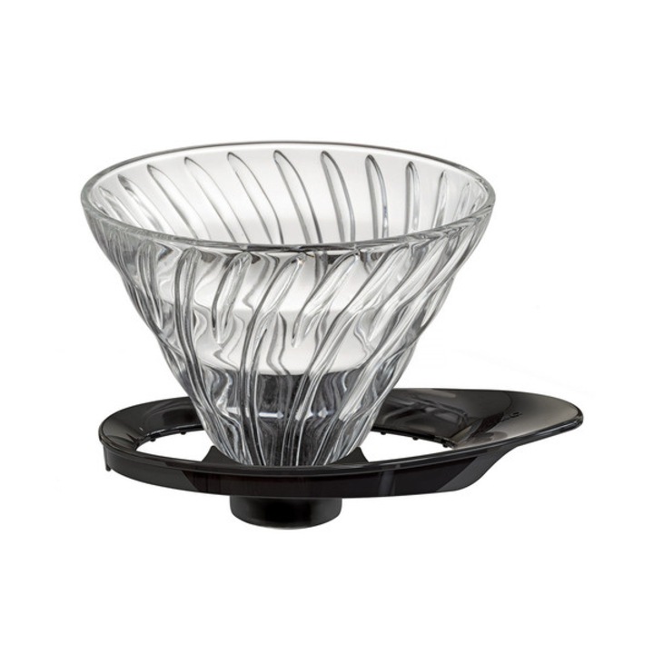 Dripper pentru cafea Hario V60-02, din sticla cu baza si maner din plastic, transparent/negru, 300–500 ml (O 12,8 cm), cod KO899ER1URB