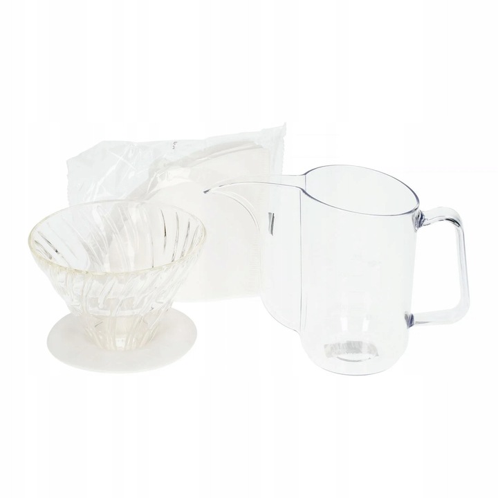 Set pentru preparare cafea Hario Bloom V60-02 (VDAP-02-BLM, U3YV5Q467), dripper sticla V60-02, cana de turnare Air 350 ml, 40 filtre hartie, transparent
