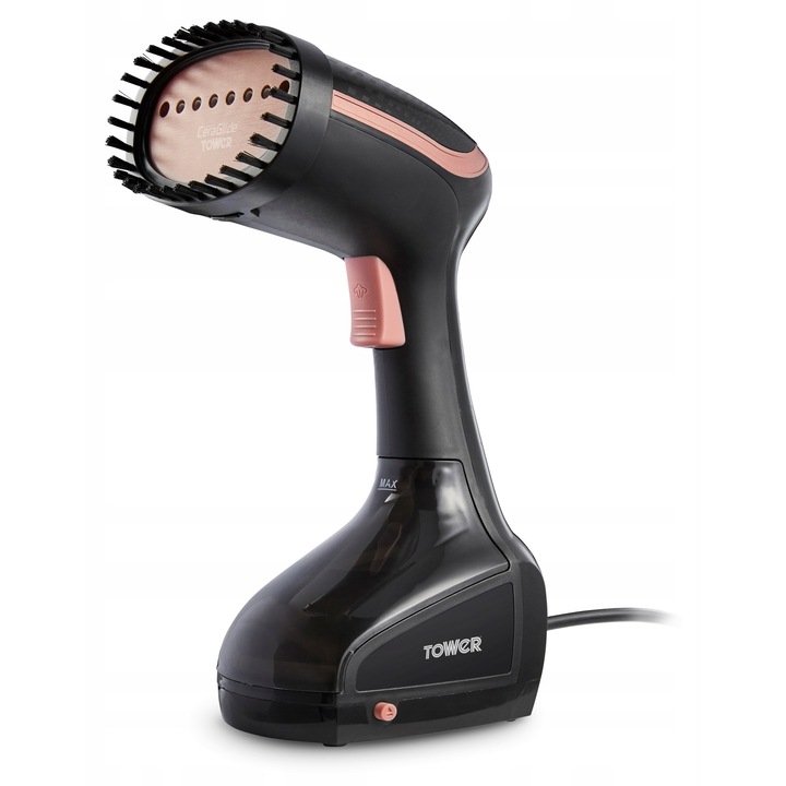 Para verticala pentru haine Tower T22014RGB (IGNA368T) 1000 W, placa ceramica CeraGlide, abur continuu 35 g/min, rezervor 200 ml, cablu 2,5 m, negru cu accente rose gold