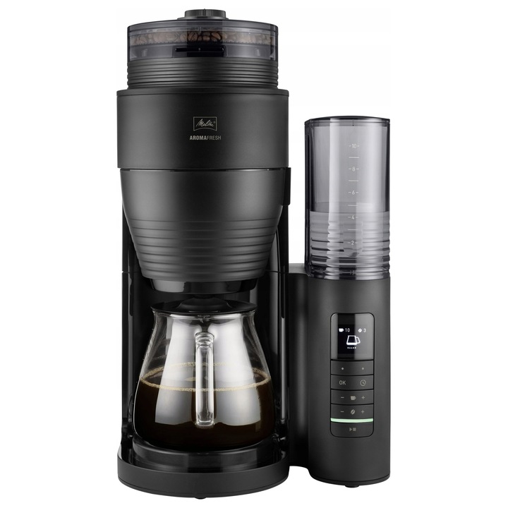 Espressor de cafea filtru Melitta AromaFresh Pro II 8RLU87S9A, rasnita ceramica integrata, timer dublu, afisaj TFT, 10 cani (1,25 l), 1080 W, negru