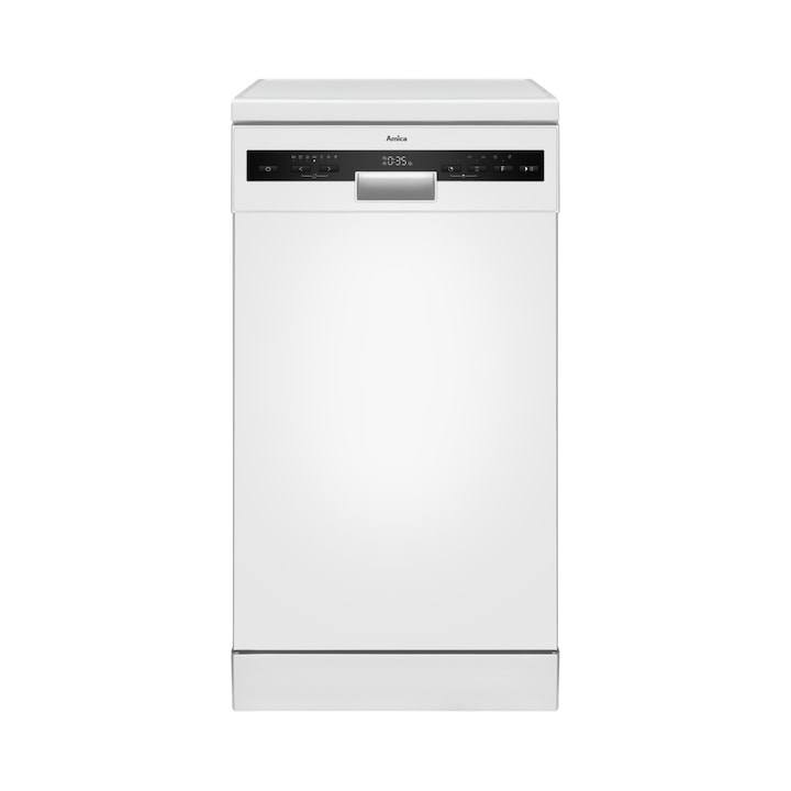 Masina de spalat vase Amica DFM44C7EOqWH, 45 cm, 10 seturi, 7 programe, 3 cosuri (MaxiSpace3), OpenDry, SteamPower, SilentDrive 2.0, inox interior, clasa C, alb, 44 dB