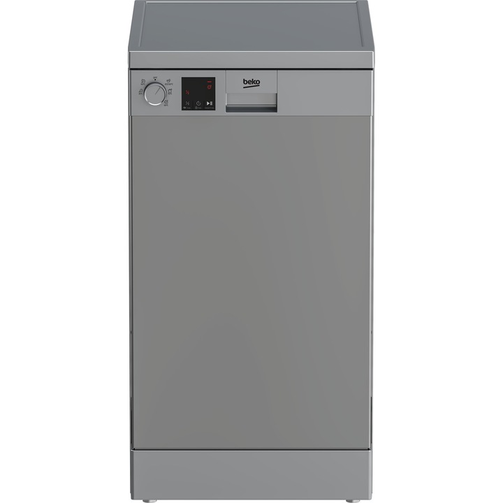 Masina de spalat vase Beko DVS05030S, 45 cm, 10 seturi, 5 programe, interior din otel inoxidabil, Quick&Shine 58 min, Clasa D, 49 dBA, Srebriu