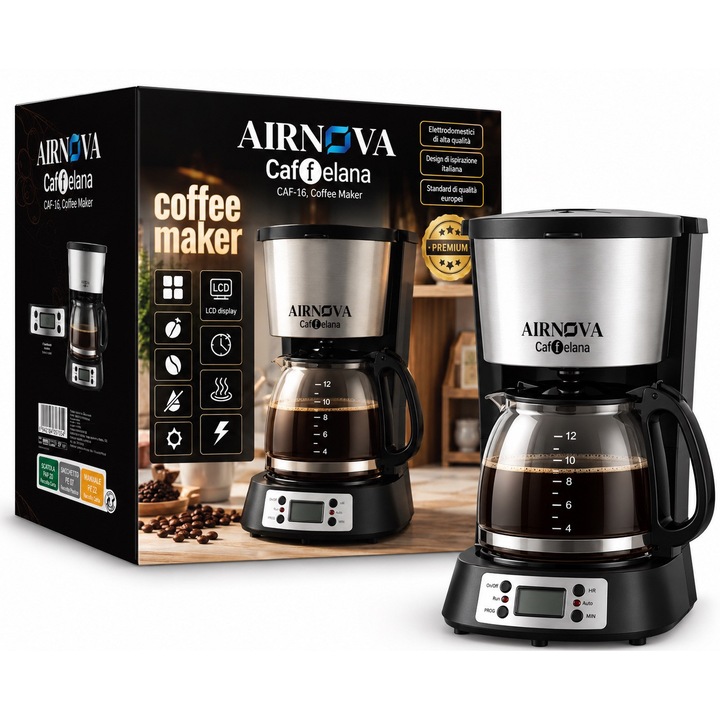 Filtru cafea, Cafetiera AIRNOVA Caffelana CAF-16, 1000 W, 1, 5 l, 12 cesti, programabila, afisaj LCD, filtru permanent detasabil, sistem anti-picurare, inox/negru