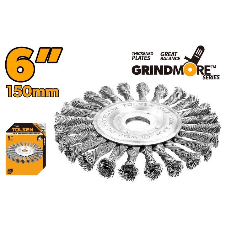 Perie abraziva circulara TOLSEN 150 mm, Sarma 0.5 mm, Ax 22.2 mm, Curatare metale, indepartare rugina, Uz industrial, Perie abraziva circulara TOLSEN 150 mm, Sarma 0.5 mm, Ax 22.2 mm, Curatare metale, indepartare rugina, Uz industrial