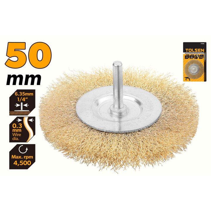 Perie abraziva circulara TOLSEN 50 mm, Sarma 0.3 mm, Coada 6.35 mm, Pentru curatare si finisare metale, Uz industrial, Perie abraziva circulara TOLSEN 50 mm, Sarma 0.3 mm, Coada 6.35 mm, Pentru curatare si finisare metale, Uz industrial