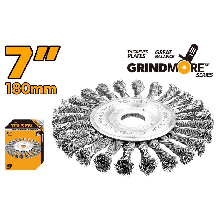 Perie abraziva circulara TOLSEN 180 mm, Sarma 0.5 mm, Ax 22.2 mm, Curatare metale, indepartare rugina, Uz industrial, Perie abraziva circulara TOLSEN 180 mm, Sarma 0.5 mm, Ax 22.2 mm, Curatare metale, indepartare rugina, Uz industrial
