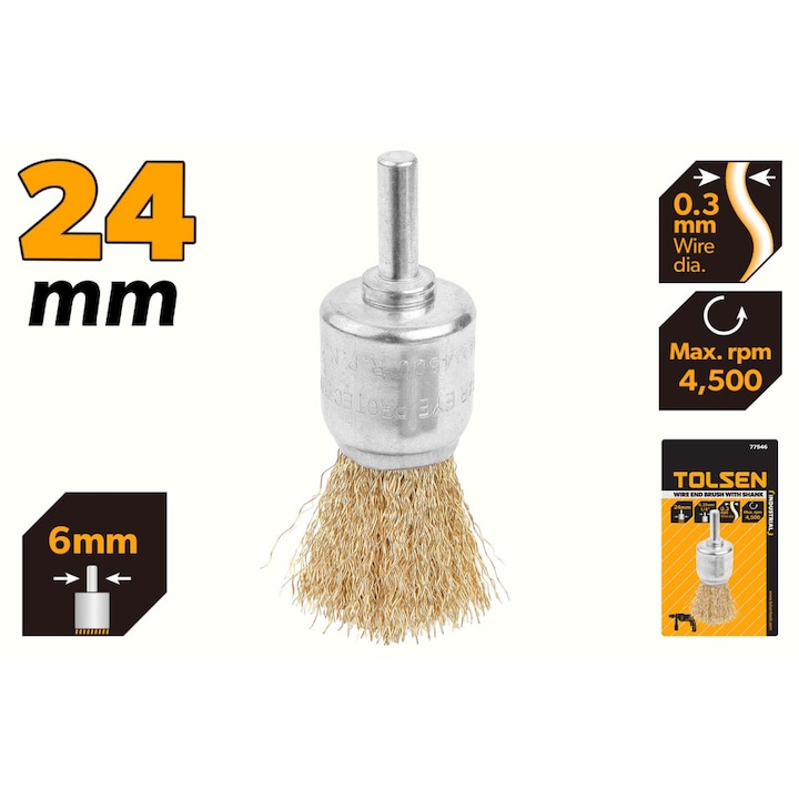 Perie cu coada TOLSEN, Capat sarma 24 mm, Coada 6.35 mm, Pentru curatare rugina, finisare suprafete, Uz industrial, Perie cu coada TOLSEN, Capat sarma 24 mm, Coada 6.35 mm, Pentru curatare rugina, finisare suprafete, Uz industrial