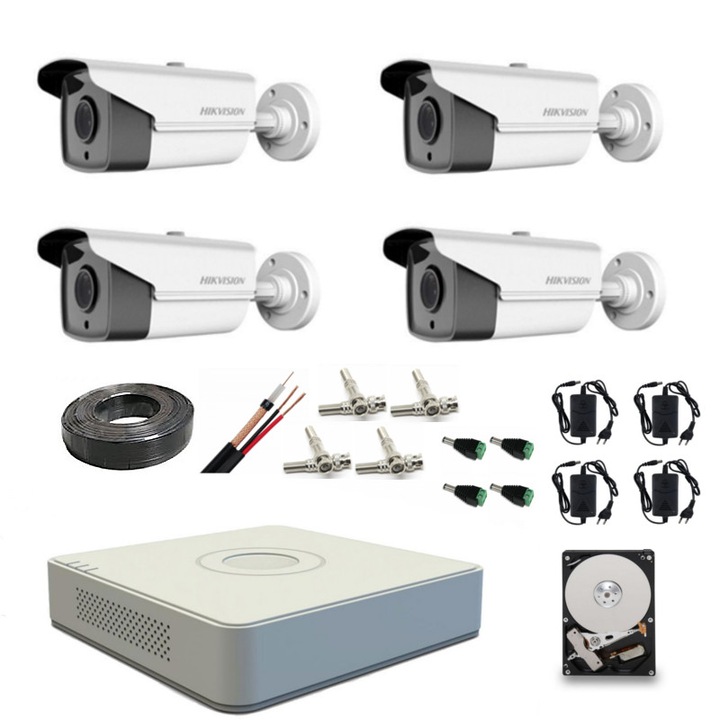 Kit supraveghere video Hikvision 5MP, cu 4 camere 5MP de exterior/interior MK286