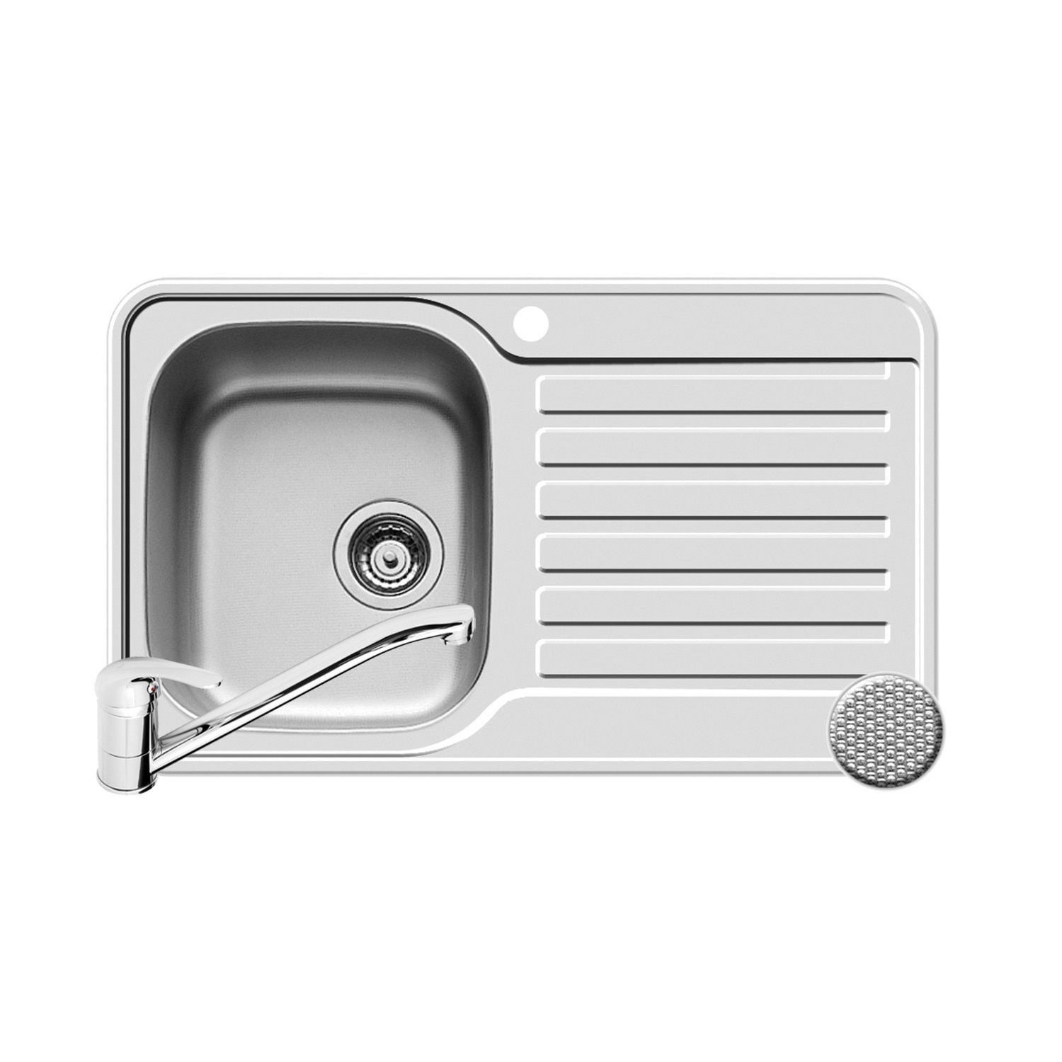 Pachet Pyramis chiuveta SPACE MINI si baterie, 1 cuva 1 picurator, 800x480mm, cuva stanga, adancime 180mm, montare pe blat, finisaj antizgariere si cromat