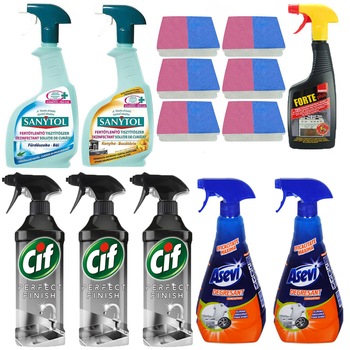 Pachet - 3 x Cif pentru curatarea suprafetelor din inox, Perfect finish, 435ml + 2 x Asevi degresant 750ml + Sanytol dezinfectant baie, 500ml + Sanytol dezinfectant bucatarie, 500ml + Sano Forte, Pentru aragaz, 500ml + 6 x Set Bureti de vase, 2buc/Set Pachet - 3 x Cif pentru curatarea suprafetelor din inox, Perfect finish, 435ml + 2 x Asevi degresant 750ml + Sanytol dezinfectant baie, 500ml + Sanytol dezinfectant bucatarie, 500ml + Sano Forte, Pentru aragaz, 500ml + 6 x Set Bureti de vase, 2buc/Set