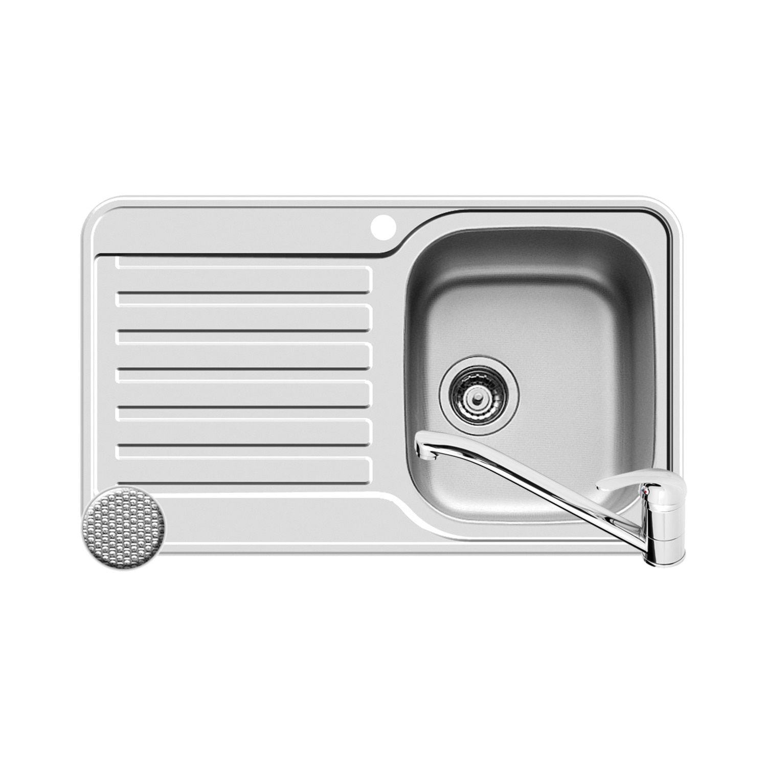 Pachet Pyramis chiuveta SPACE MINI si baterie, 1 cuva 1 picurator, 800x480mm, cuva dreapta, adancime 180mm, montare pe blat, finisaj antizgariere si cromat