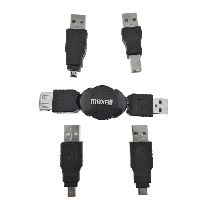 Kit USB Universal Maxell cu Cablu Retractabil si 4 Adaptoare, Husa Protectoare - Conectivitate pentru Dispozitive Vechi si Noi Negru
