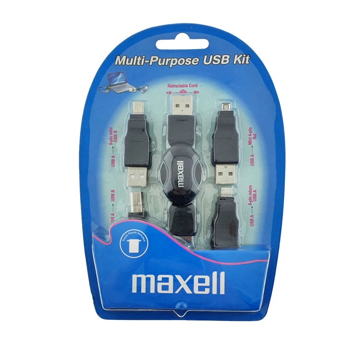 Kit USB Universal Maxell cu Cablu Retractabil si 4 Adaptoare, Husa Protectoare - Conectivitate pentru Dispozitive Vechi si Noi Negru
