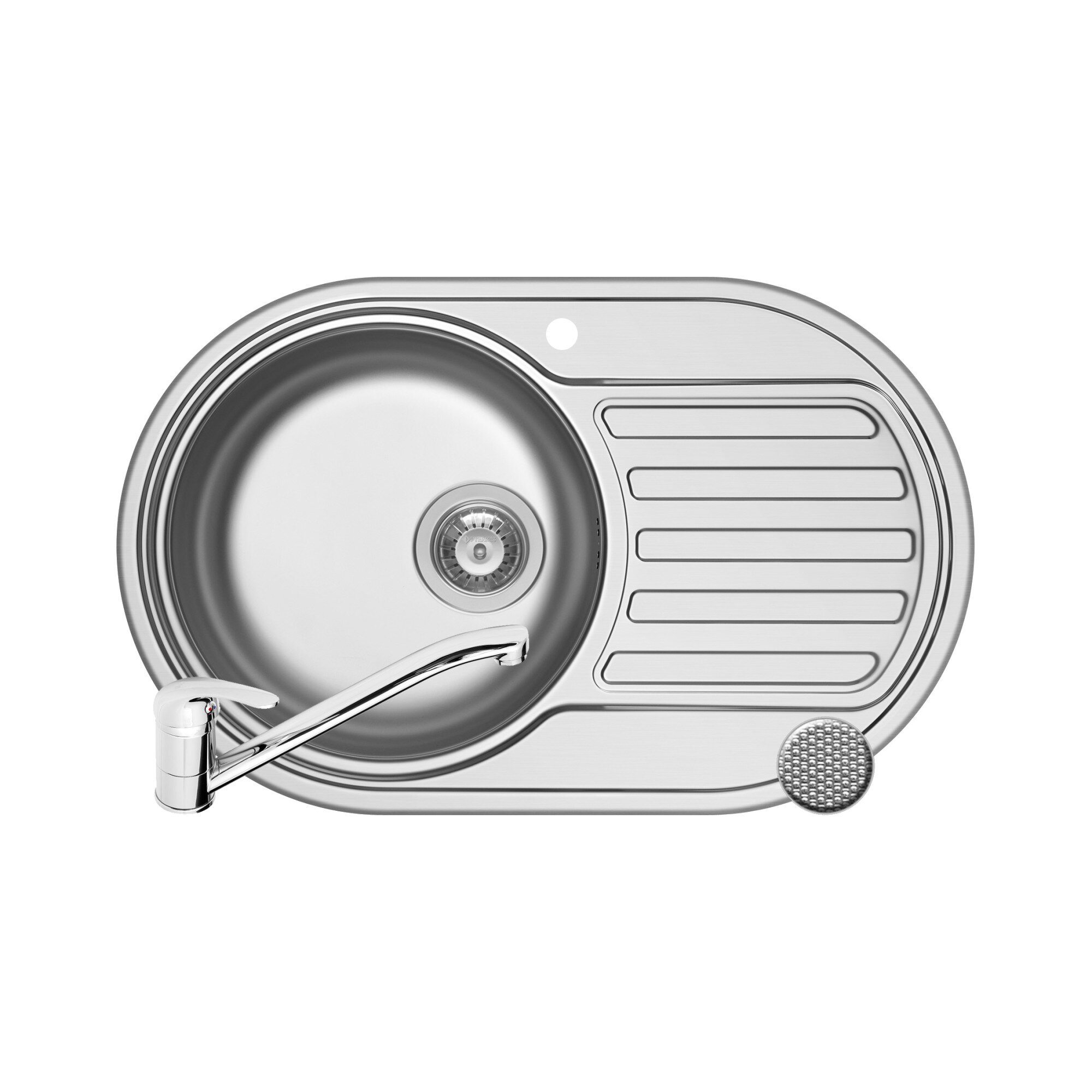 Pachet Pyramis chiuveta SR MINI si baterie, 1 cuva 1 picurator, 765x480mm, adancime 150mm, cuva stanga, montare pe blat, finisaj antizgariere si cromat