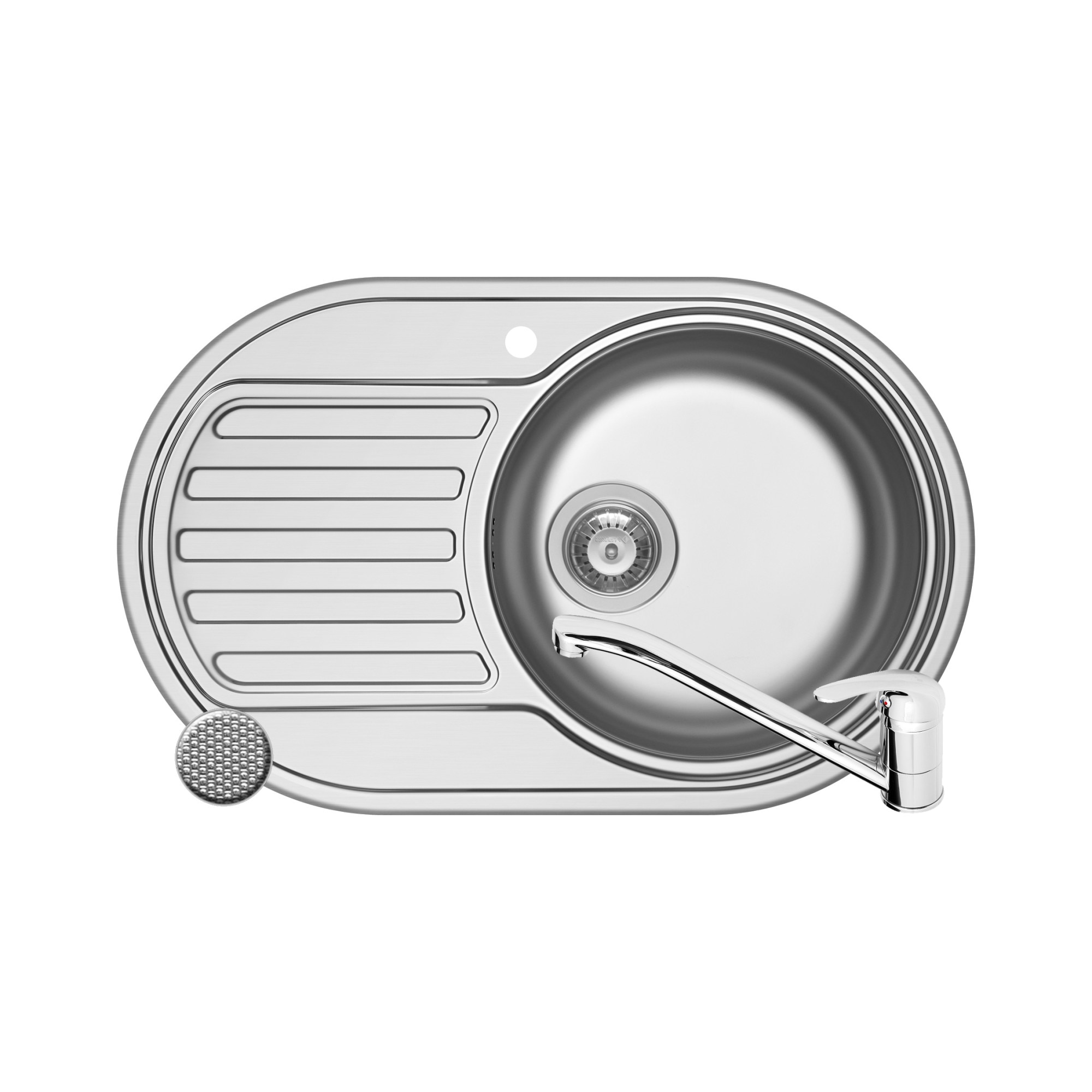 Pachet Pyramis chiuveta SR MINI si baterie, 1 cuva 1 picurator, 765x480mm, adancime 150mm, cuva dreapta, montare pe blat, finisaj antizgariere si cromat