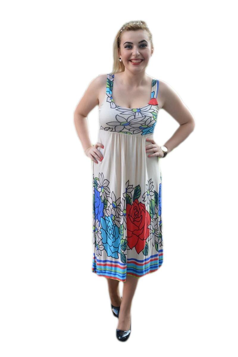 Rochie de primavara-vara, cu imprimeu floral, D&J Exclusive, Bej