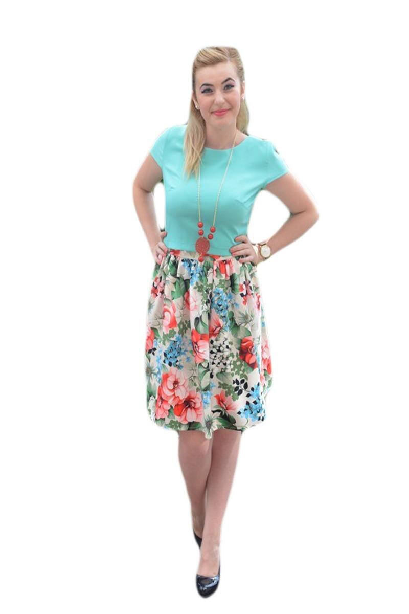 Rochie de zi cu flori si maneca scurta, D&J Exclusive, Turcoaz