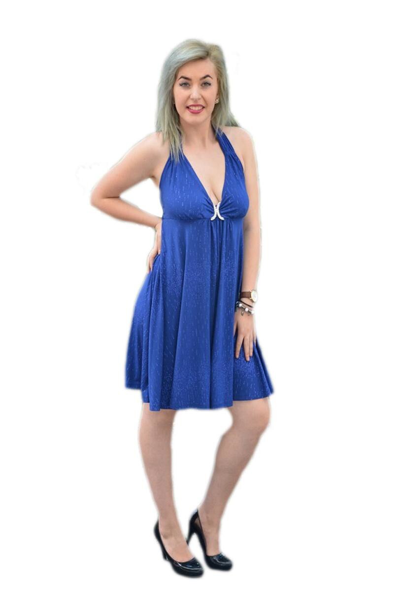 Rochie cu sclipici, din material elastic, D&J Exclusive, Albastru