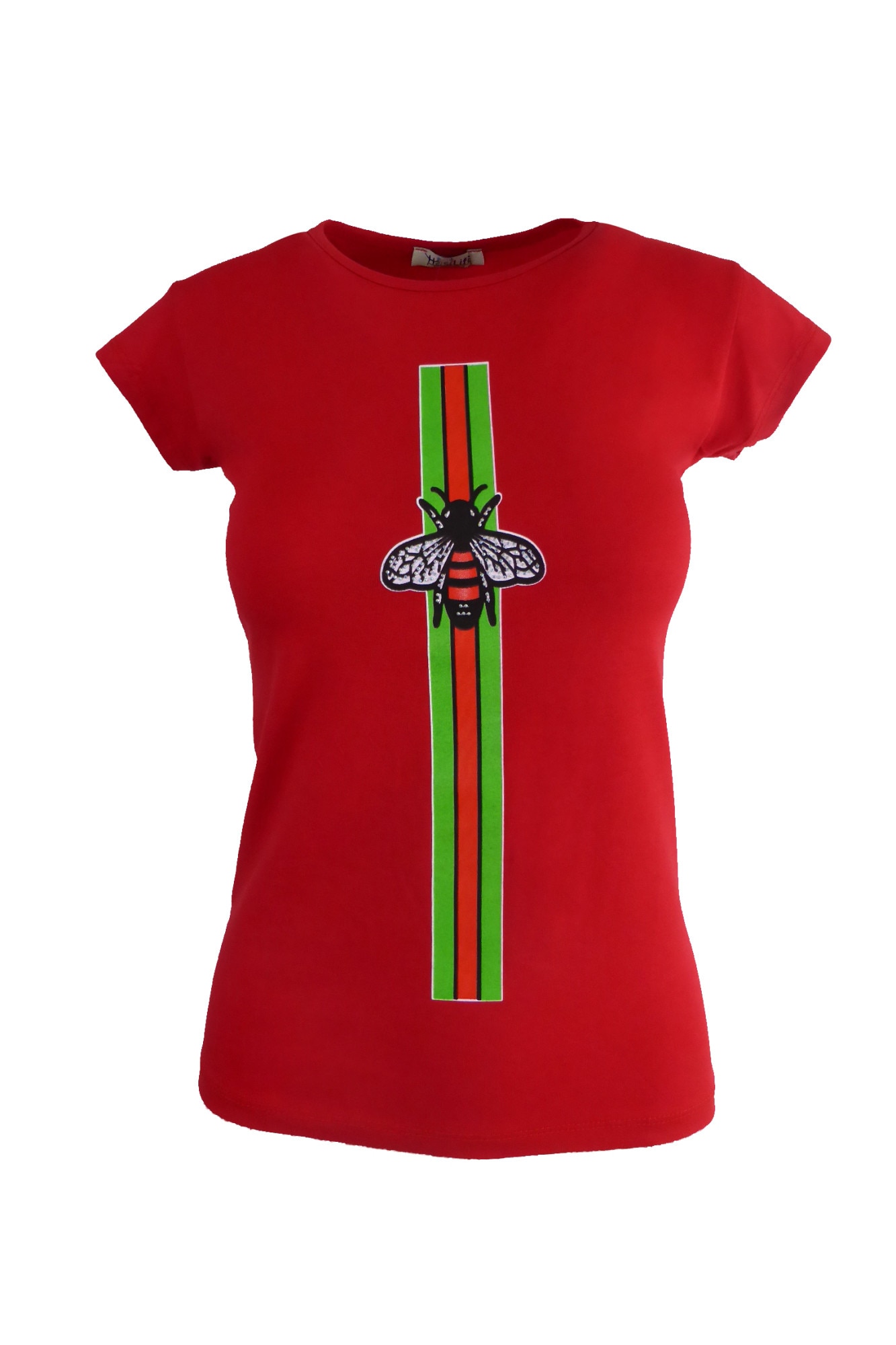 Tricou - UNIVERS FASHION - rosu, imprimeu vert. albina cu stras - S-M