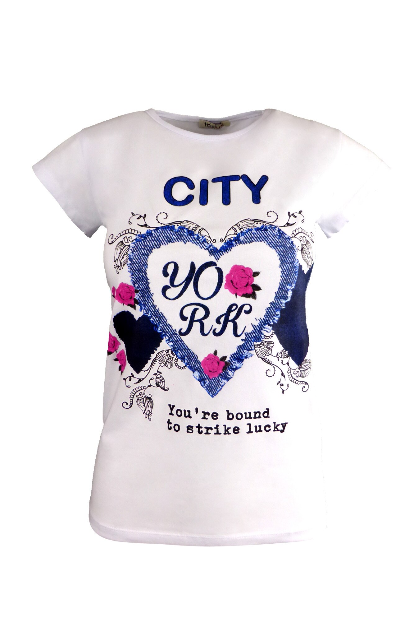 Tricou - UNIVERS FASHION - alb, imprimeu inima cu trandafiri 