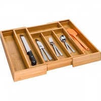 Suport organizare tacamuri si ustensile extensibil din bambus pentru organizare in sertar