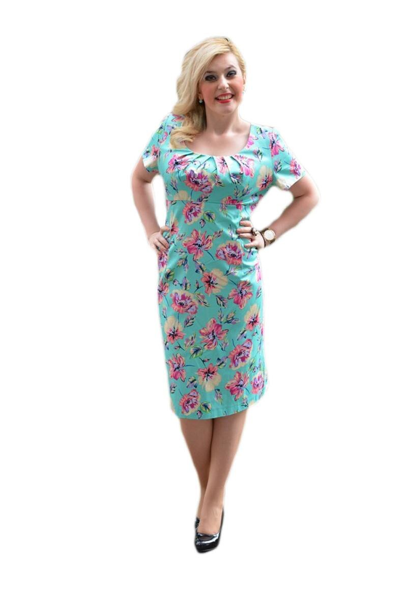 Rochie de primavara-vara, imprimeu floral, D&J Exclusive, Turcoaz