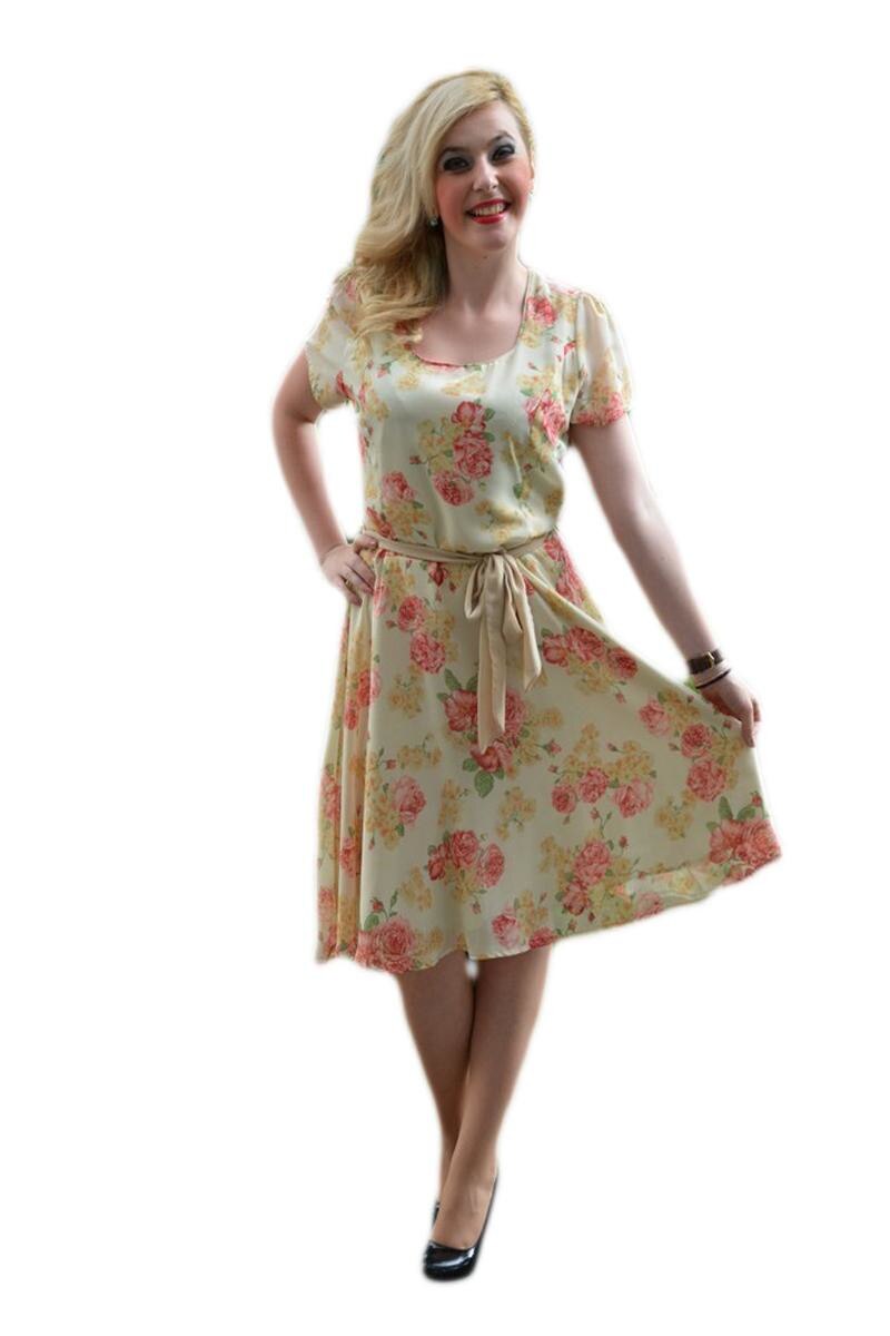 Rochie de vara din voal cu imprimeu de trandafiri rosii, D&J Exclusive, Bej