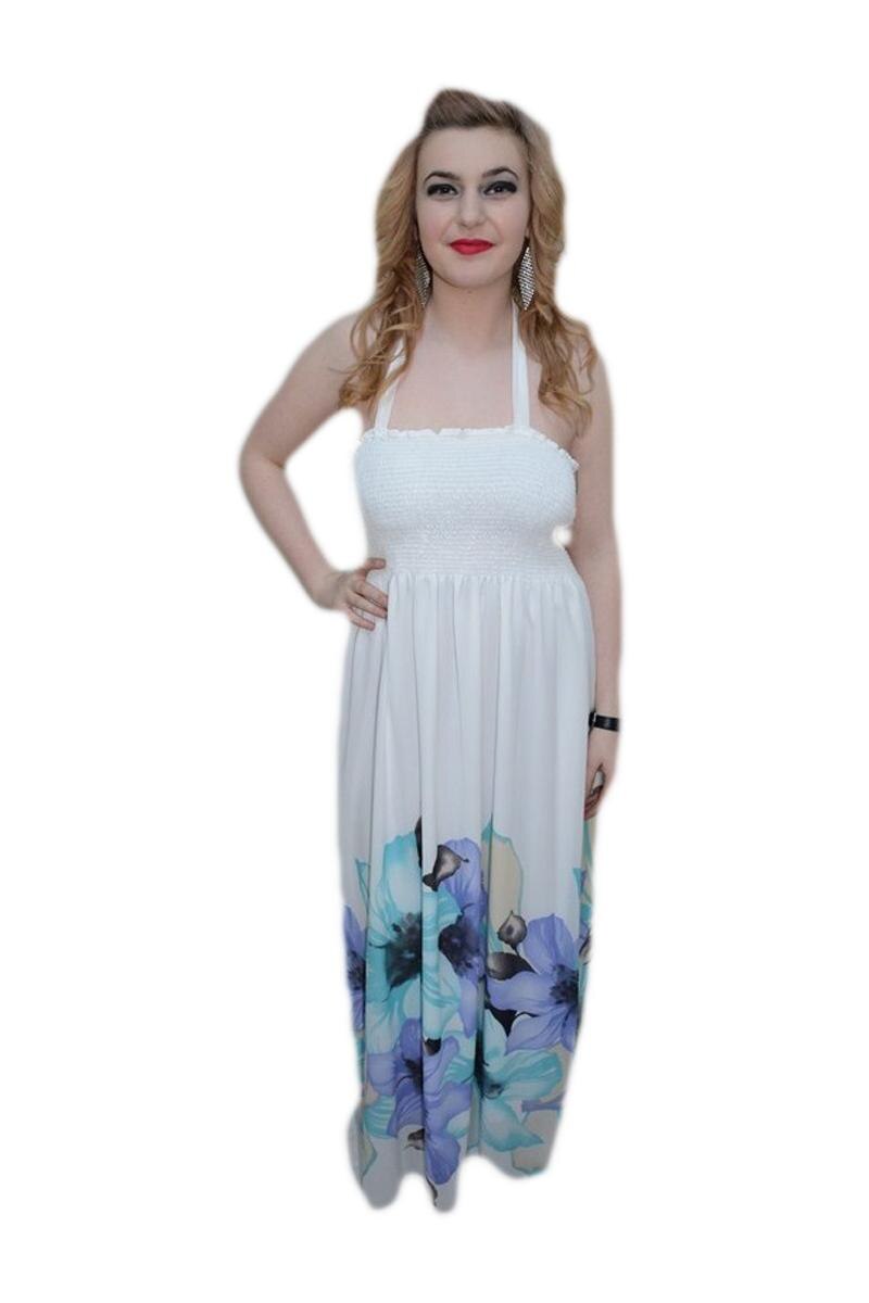Rochie lunga de vara, design floral in partea de jos, D&J Exclusive, Alb