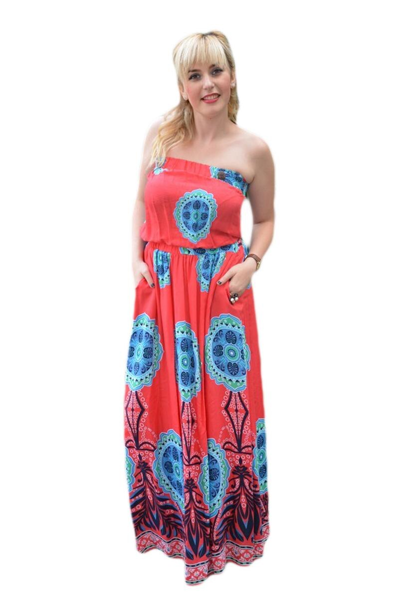 .Rochie trendy de vara, model lung cu insertii de elastic, D&J Exclusive, Rosu