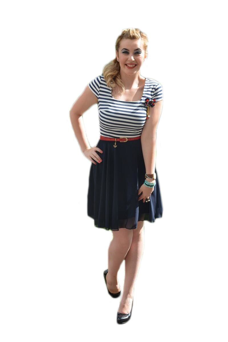 Rochie eleganta cu design de dungi, D&J Exclusive, Bleumarin/Alb