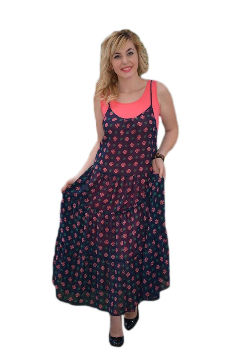 Rochie lunga, vaporoasa, in bretele, D&J Exclusive, Corai/Bleumarin