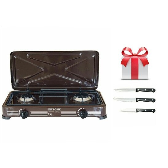 Minigaz 2 arzatoare ERT-MN 207,Maro + Set 3 piese cutite inox , Cadou