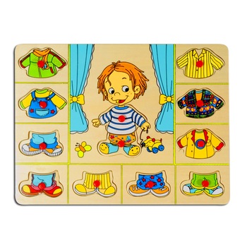 Puzzle din lemn, Pino, Imbraca baietelul, 12 piese Puzzle din lemn, Pino, Imbraca baietelul, 12 piese