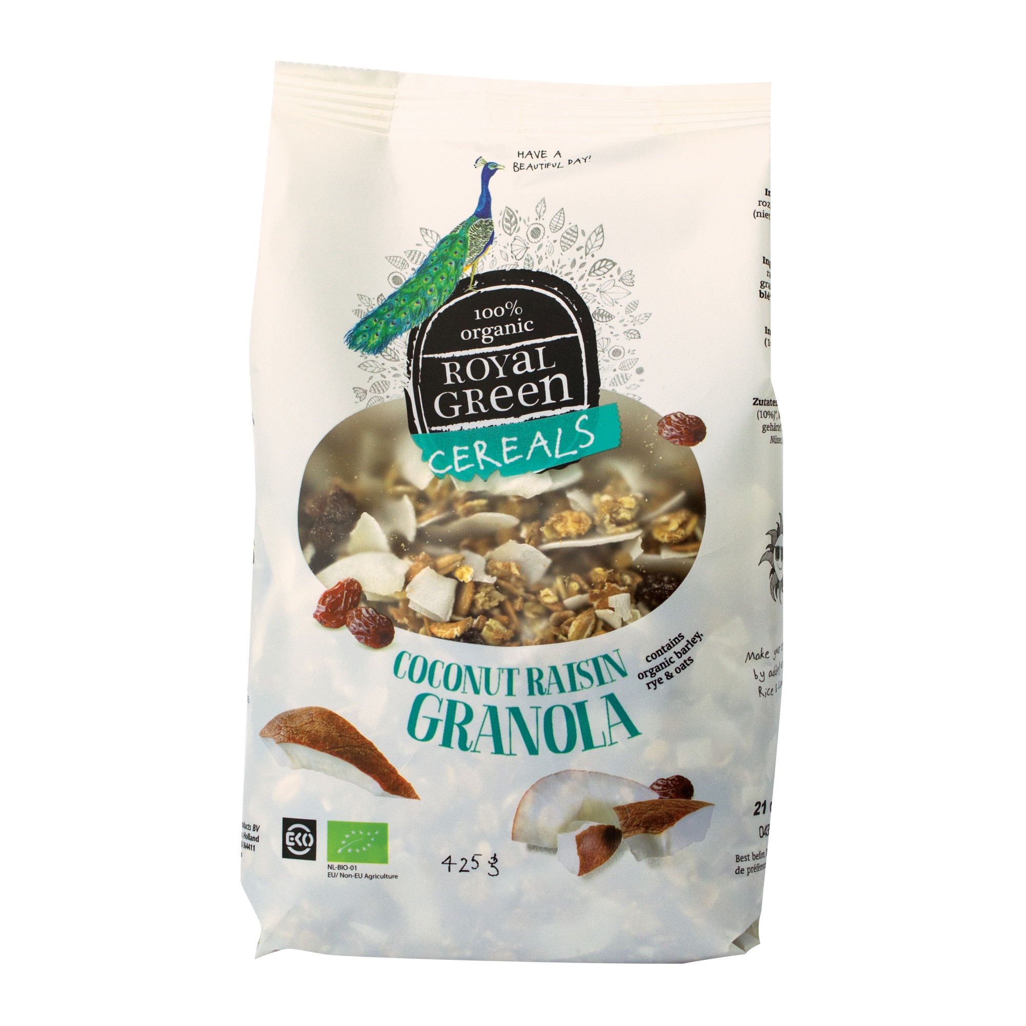 Cereale cu musli, granola cu fulgi de cocos si stafide, Royal Green 425 g
