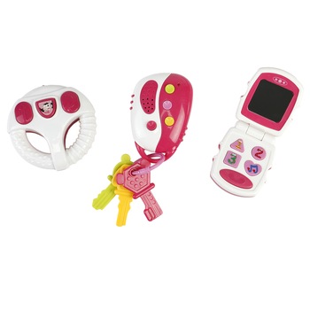 Set jucarii bebelusi M-Toys, volan, telefon si telecomanda, cu lumini si sunete, roz Set jucarii bebelusi M-Toys, volan, telefon si telecomanda, cu lumini si sunete, roz