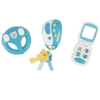 Set jucarii bebelusi M-Toys, volan, telefon si telecomanda, cu lumini si sunete, albastru Set jucarii bebelusi M-Toys, volan, telefon si telecomanda, cu lumini si sunete, albastru