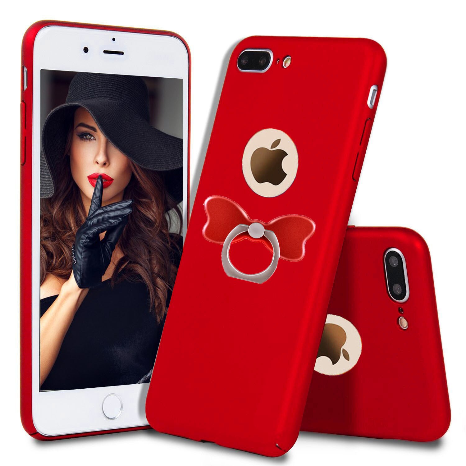 Husa telefon Iphone 8 Plus ofera protectie 3in1 Ultrasubtire Silk Red Bow Ring