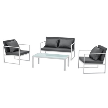 Set mobilier gradina, casa.pro,masa, 2 scaune, canapea, metal/sticla/poliester, alb/gri deschis Set mobilier gradina, casa.pro,masa, 2 scaune, canapea, metal/sticla/poliester, alb/gri deschis