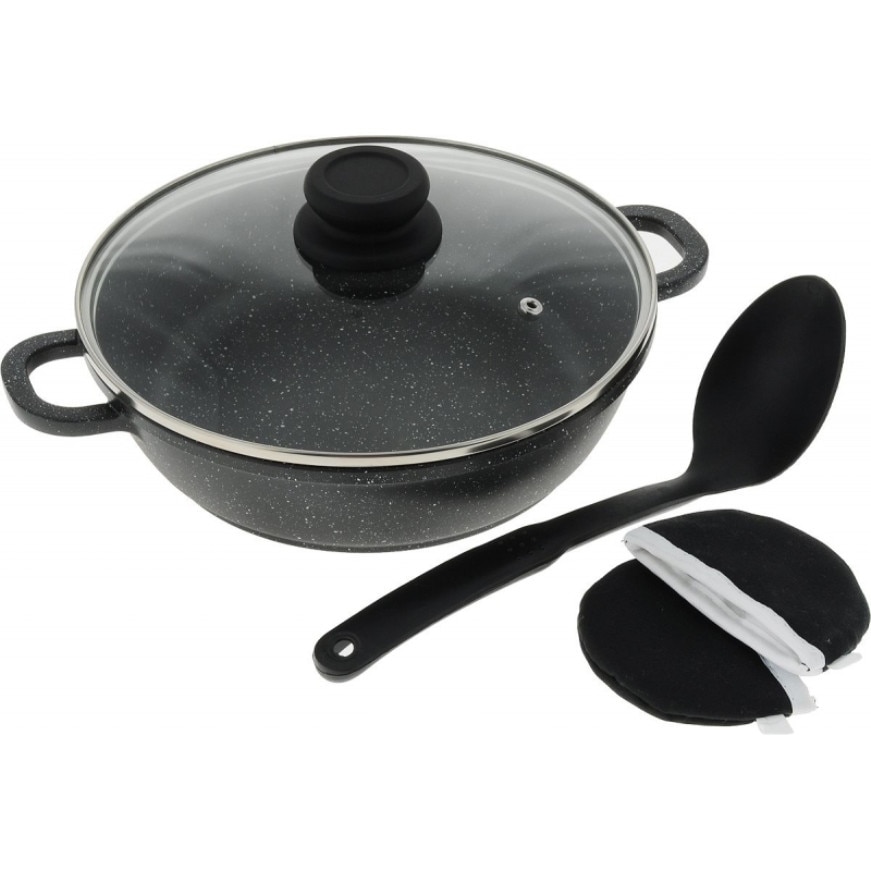 Cratita din aluminiu turnat 32x8,2cm cu capac Bohmann, interior marmura, Negru