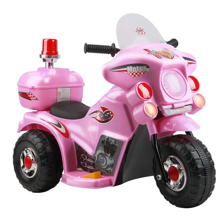 NOVOKIDS elektromos motorkerékpár, akkumulátoros, motoros gyerekeknek, zenével és fényekkel, elektromos roller, 3 kerék, tolatás, rózsaszín